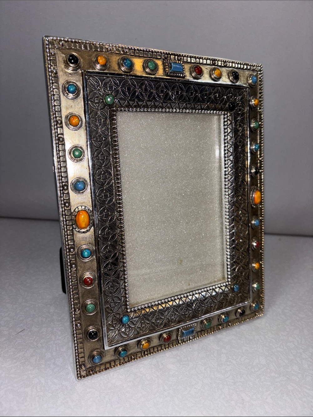 Southwestern Silver Tone 4x6 Picture Frame with Multicolor Faux Stone Accents